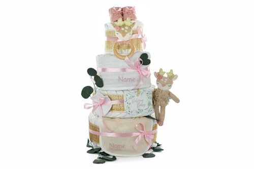 Windeltorte für Baby Mädchen | Greifling und Plüschtier Reh Ella, Musselintuch und Babybooties, Personalisierbar (4-stöckig, bedruckt)