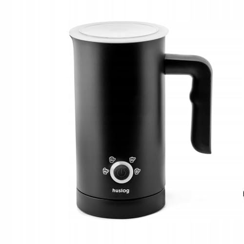 Huslog Mousseur à Lait Électrique 4 en 1, 500W, 240ml, Mousse Chaude & Froide, Chauffe-Lait, Inox Antiadhésif, Arrêt Automatique, Silencieux, pour Café, Chocolat & Cappuccino, Noir Mat