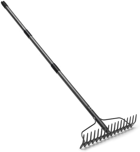 Harrms Gartenrechen mit 17 Zinken, Großflächen Laubrechen mit breitem Kopf, Gartenharke Metall Schwerlast mit Stiel für Erde, Laub & Kies, 123cm, Grau