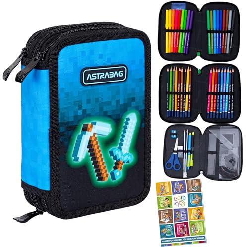 Goldkids - Federmäppchen 3 Fächer - Mäppchen für Mädchen und Jungen - Federmappe 3-Fach Federtasche Gefüllte Schüleretui Schulmäppchen und Hausaufgabenheft - Blue Pixel