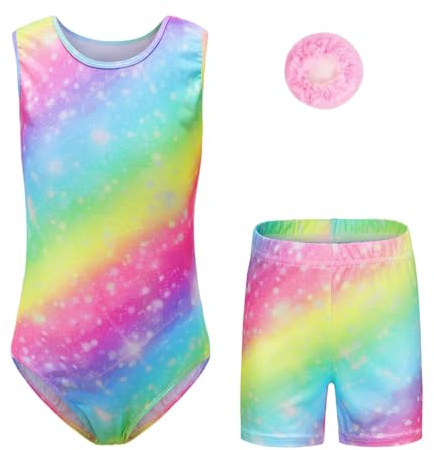 Gymnastik trikåer set för flickor – med shorts och pannband tonad färg glittrande balettdansande dräkter gymnastikkläder för 5-12 år, 3PCS-B86, Tag 8A(7-8 Years)