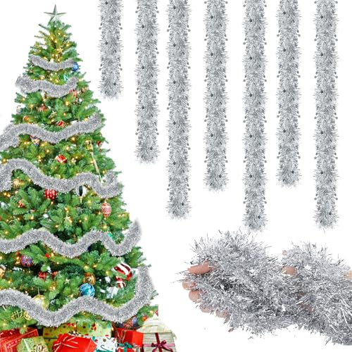 8 Piezas Guirnalda de Oropel Navidad, 16M Espumillón Metálica Brillante, Plata Decoracion Arbol de Navidad Adornos con Estrellas, Plata Brillante Espumillón para Escaleras Chimenea