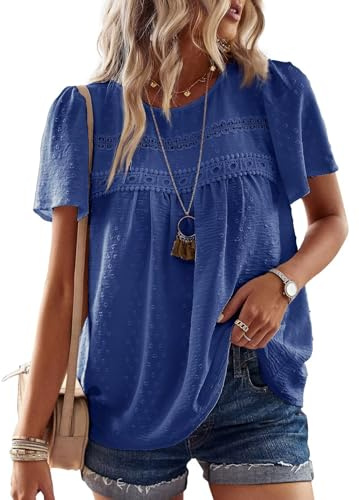 TUUHAW Top Mujer Verano Elegante Manga Corta Boho Blusa Encaje Túnica con Cuello Redondo Camisa Suelto Ropa Azul Real L