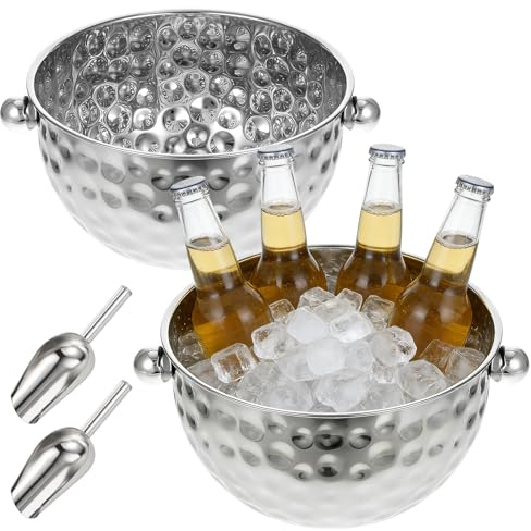 2 Pack Ice Buckets with Scoops, 4.6L&6L Metal Beverage Tubs, Stainless Steel Wine Bucket, Champagne Bucket, Large Ice Buckets for Parties Beer Bottle Drinks, Dishwasher Safe
