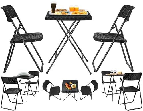 ecosa® Bistroset 3-teilig Balkontisch mit 2 Stühlen Gartentisch klappbar - Balkonset klappbare Stühle - Sitzgruppe Balkonmöbel Wetterfest Gartenmöbelset Rattan Optik aus robustem 600D Oxford PVC