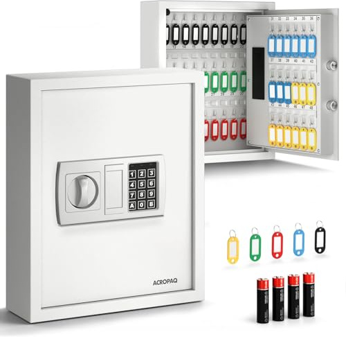 ACROPAQ Schlüsselschrank mit Zahlencode - Für bis zu 48 Schlüssel, Inkl. 48 Anhänger, Mit elektronischer Sicherung, Weiß - Schlüsselkasten groß, Schlüsselsafe mit Code, Schlüsseltresor
