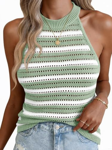 Fisoew Womens Summer Crochet Halter Tops Striped Sleeveless Tank Top Casual Knit Hollow Out Camisole Loose Sweater Vest Green