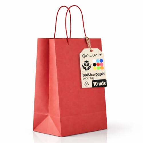 Borse di Carta Rosse M con Manici – 10 pz, Borse Resistenti e Riciclabili per Regali e Commercio – OFITURIA (24x11x32 cm, Rossa)