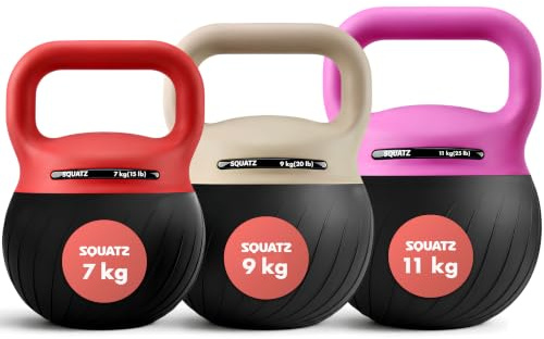 SQUATZ Kettlebell Set 7 kg 9 kg 11 kg Soft Weights with Shock Absorbing Base, Extra Wide Non Slip Handle for Home Gym Strength Training