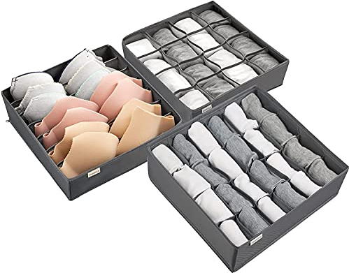 NEWSTYLE Organizzatore di cassetti pieghevole in tessuto non tessuto per sottoabiti, reggiseni, calzini scatola di immagazzinaggio con scomparto salvaspazio (3 pezzi, grigio)