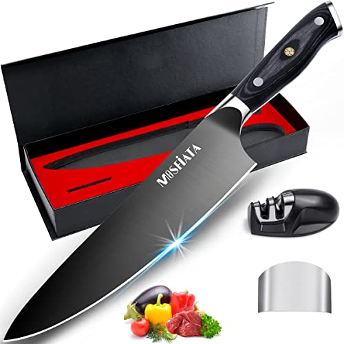 MOSFiATA 8 Chef Knife, Sharp Kitchen Knife, Pro High Carbon German EN1.4116 Stainless Steel, Titanium Coat Full Tang Blade Vegetable Chopping Cooking Knife with Finger Guard Knife Sharpener Gift Box