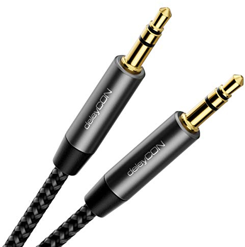 deleyCON 2m Nylon 3,5mm Klinke Audio Stereo AUX Kabel Klinkenkabel Audiokabel Nylonkabel Metallstecker Handy Smartphone Tablet Kopfhörer HiFi Receiver - Schwarz
