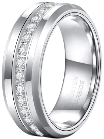 TRUMIUM 8mm Mens Wedding Band Tungsten Rings for Men Women with White Cubic Zirconia Eternity Ring CZ Inlaid Silver Mens Rings Beveled Edges Comfort Fit Size 10