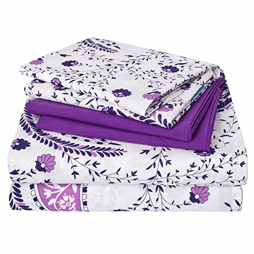 JSD 6 Piece Purple Paisley Floral Printed King Sheet Set Deep Pocket