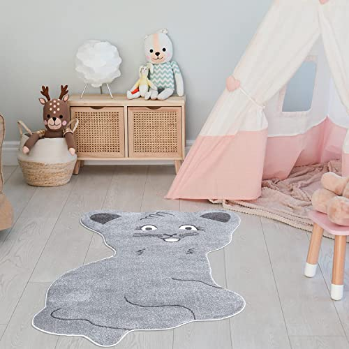 Teppich Kinderzimmer Tier-Motiv - Grau - 100x130 cm Formteppich - Kinderteppich Kurzflor Katze - Weicher Flor
