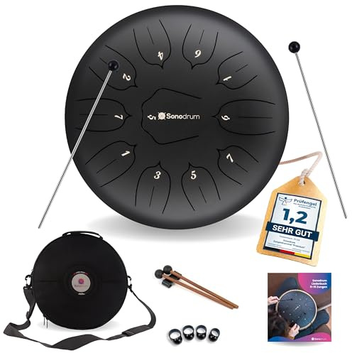 Sonodrum Tong Drum “Standard C mayor” en negro - diámetro 30 cm y 11 notas. Handpan con libro de música, bolsa y mallets. Instrumento de percusión para niños y adultos. Para meditación y yoga.