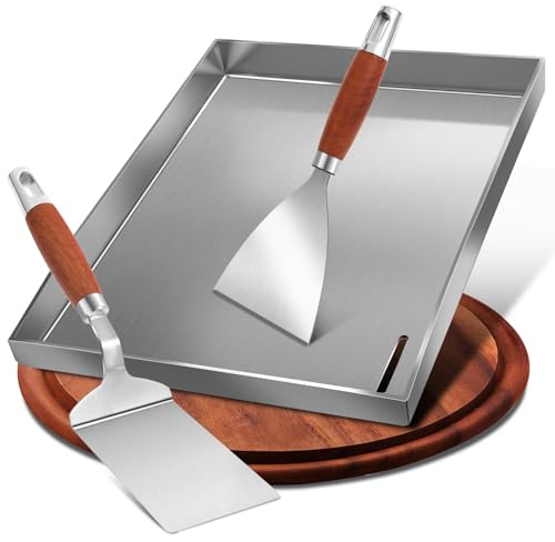 Premium Plancha Set con Espátula para Barbacoa, 30 x 40 cm, Acero Inoxidable, Bandeja Universal para Gas y Carbón, 4 mm Acero Inoxidable
