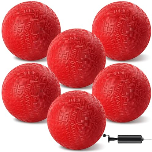 HSLCGF 6 Pcs Dodgeballs 8.5 Inch Playground Ball Red Kickball Inflatable Rubber Handball Bouncy Dodge Ball with 1 Hand Pump for Outdoors Ball Games Gym Camps Picnic (Needle is at The Top of the Pump)