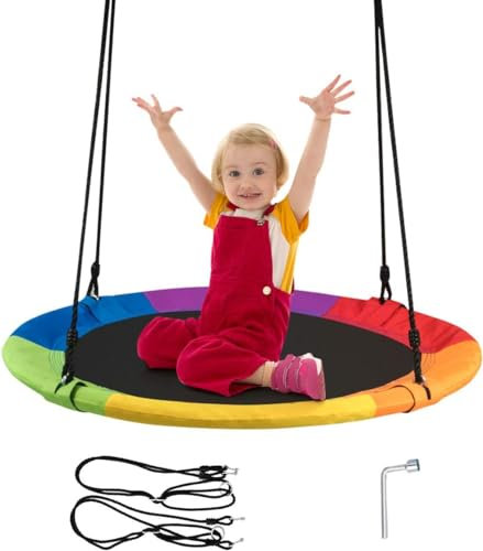 COSTWAY Balançoire Nid d'Oiseau Ø 100cm Enfants avec Cordes Réglables (100-180cm), Balançoire Soucoupe en Tissu Oxford Intérieur Extérieur, Charge 150kg pour Enfants et Adultes