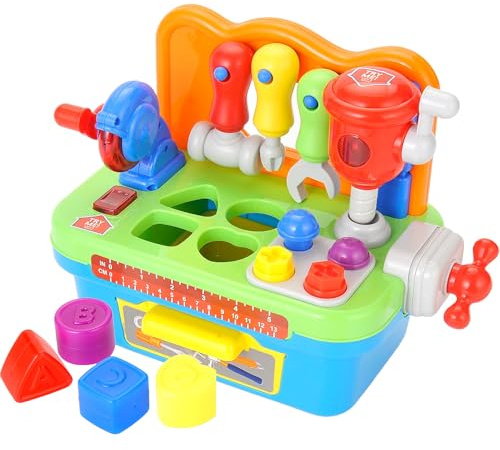 Toddler Tool Bench Toys for 1 Year Old Boy, Kids Tool Bench Toys for Toddlers 1-3, Multifunctional Early Learning Tool Toy Baby Workbench Toy with Light & Sound, Baby Tool Set with Shape Sorter