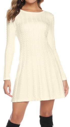 Gyabnw Vestito Casual Donna Invernale in Maglione Abito Vita Alta Elegante in Girocollo di Orlo Svasato Abito Linea A in Maglia al Ginocchio Caldo di Moda Treccia Ritorta, Beige, XS