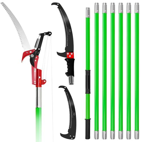 Grefinity Manual Pole Saw for Tree Trimming, 27 FT Manual tree purner with 8 Fiberglass Handles, Sharp steel Blade and Scissors, Easy to Carry and Extendable Design for Tree Maintenance, Green