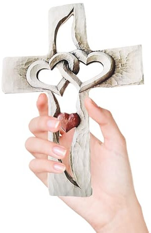 Pwshymi Croce in Legno Intagliato, Due Cuori Intrecciati, Crocifisso da Parete per Soggiorno, Camera da Letto, Arredamento per Ufficio