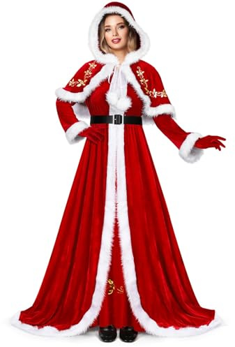 KANMUASD Costume de luxe Mme Claus rouge, avec robe à capuche et ceinture, déguisement de Noël pour adulte, costume de Père Noël, Costume Mere Noel Femme, Robe Mere Noel Femme, S - 5XL B,L
