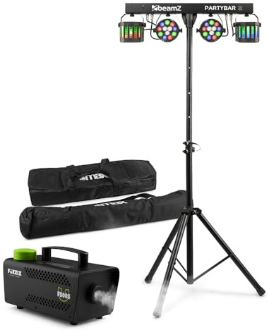 Max Partybar2 DJ Disco Light Package with Stand, F500S Fog Machine, & Case – Derby & PAR Lights, Sound-Activated DJ Light Bar, 3-15 DMX Channels, Plug & Play Shows for Parties & Events