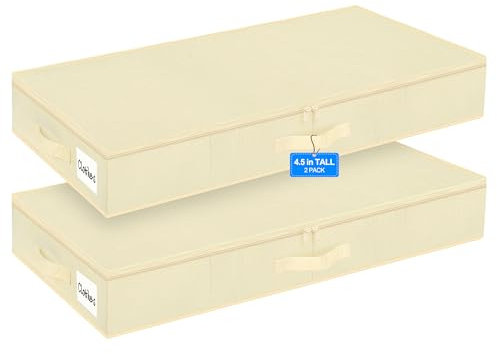 Huquter Contenitore basso sotto il letto con coperchio, 2 pezzi, 12 cm di altezza, colore beige, con supporto inferiore, pieghevole, in tessuto poco profondo, con cerniera, per vestiti e biancheria da