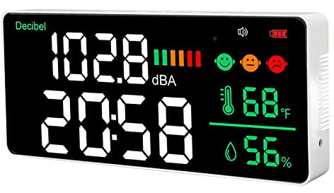 Rankomu Sound Meter Decibel Meter, Wall Mounted Sound Level Reader 30 To 130dB, 11 Inch LED Display, Time, Temperature, Humidity, Noise Meter, Home and Office Use