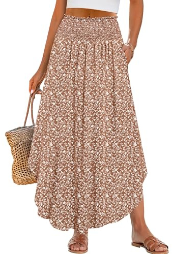 ANRABESS Women's Maxi Skirts Summer Boho Floral High Waisted Flowy Swing Pleated Beach Long Skirt with Pockets Brown Small