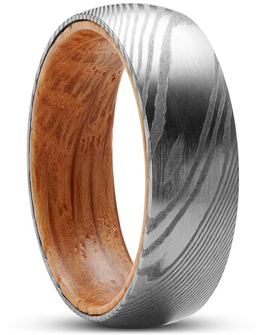 Lucleon Bague Trendhim pour homme | 7 mm en acier damas et bois | finition brossée et sablée | design danois | acier et marron, 64mm, Métal, Aucune pierre précieuse