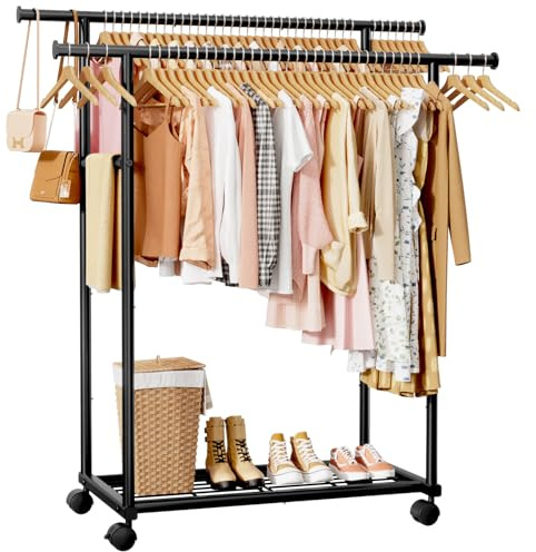 Sakugi Clothes Rail - Double Rod Clothes Rack with Fixed Extension Rod & Universal Wheels, Clothing Rail with Built-In Shelf for Closet Organizers and Storage, 98cm x 42cm x 150cm, Black