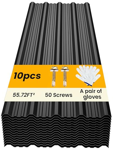 BOBIBAN 10 pcs Metal Roofing Panels - Corrugated Galvanized Roof Panels L45.28x W17.72 Inch, Waterproof Tin Roof Sheets for Garages,Sheds, Stables and Mobile Homes, Includes Screws(Black,L45.28''-10)