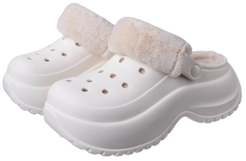 Harssidanzar Zuecos para Mujer con Forro Mullido, Zuecos cálidos para Invierno, Zapatos Transpirables de Lana para pasear por el jardín en Invierno HL240EU,Blanco,Talla 35/36