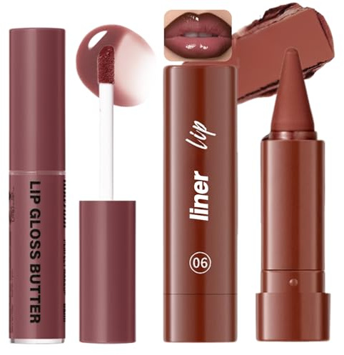 Lip Liner And Gloss Set,Dark Brown Plumping Lip Liner Stain& Moisturizing Butter Lip Gloss,Matte LipLiner & High Shine Glossy Lip Stain Lip Kit,Long Lasting Waterproof Lightweight Lipstick Care Set