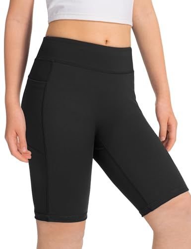 JOCMIC Girls Cycling Shorts with Pockets High Waist Yoga Dance Gym Pe Short for Kids Youth Black, 11-12 Years, Tag150