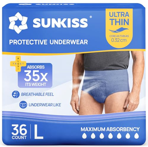 SUNKISS Ultra Fine Couche Adulte Homme Slips Jetables Sous-Vêtements Absorbants Absorption Rapide Fuites Urinaires Incontinence Modérée Taille L Bleu 36 Unités