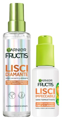 Garnier Fructis Lisci Diamante Spray Lisciante per Capelli Extra Lucenti 100H 150ml + Lisci Impeccabili Siero Termoprotettore e Termoattivato per Capelli Setosi Anti Umidità e Anti Crespo 50ml
