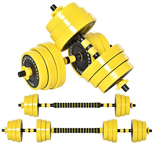 HOMCOM 25 kg Hantel & Langhantel,Einstellbare ergonomische 3-in-1 Hantelset,12 × Platten,2 × Kurze Stöcke,1 × Langer Stock,Gelb+Schwarz
