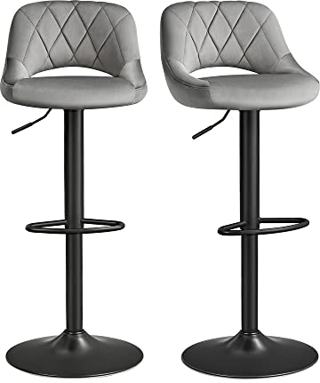 SONGMICS Barhocker, 2er Set Barstühle, Küchenstühle mit stabilem Metallgestell, Stühle mit Samtbezug, Fußstütze, Sitzhöhe verstellbar, einfache Montage, Retro, dunkelgrau LJB072G01