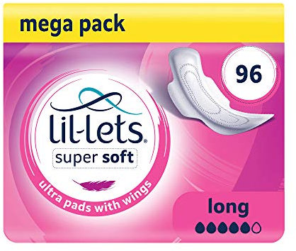 Lil-Lets Super Soft Ultra Thin Period Pads-96 Count, Long Absorbency, with Wings, (Packs of 8) 12 Pads-Bulk Pack, Medium to Heavy Period Flow, Unscented and Chlorine Free, Super Sanitary Towels