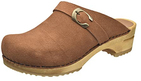 Sanita Hedi offener Clog, Wildleder | Original handgemacht | Leder-Holzclogs für Damen | Braun | 38 EU