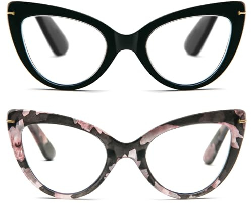 MMOWW Confezione da 2 Occhiali da Lettura Donna con Occhio di Gatto - Occhiali anti-blu Comodi e Alla Moda Grande Cat Eye (Nero+Pattern, 1.5)