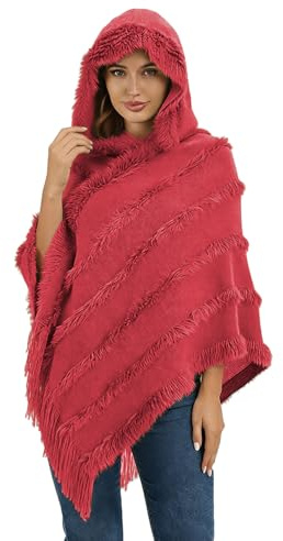 Ponchos con Capucha Mujer Punto Invierno Otoño Poncho de Las Mujeres Punto con Flecos Poncho a Rayas de Felpa de Color Liso Elegante Casual Suave Calentar