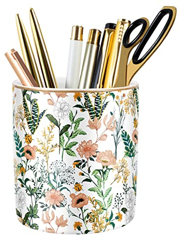 WAVEYU Large Capacity Colored Pen Holder for Desk, Ceramic Pencil Holder Pen Cup Marker Holder Makeup Brush Holders, Desk Accessories & Workspace Organizers for Home, Office, White Flower