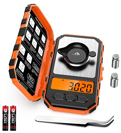 ORIA Balance de Cuisine Numérique, 50g/0.001g Balance Professionnelle en Milligrammes, Balance Alimentaire avec Fonction Tare, Rétroéclairée, 2 x 10g Poids d'Etalonnage/Batterie/Pince incluse –Orange