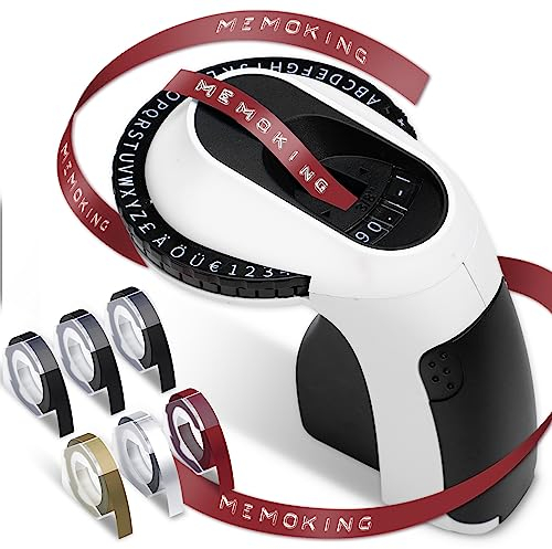 Beschriftungsgerät Prägegerät - 3D Etikettiergerät E975 mit 6 Rollen Prägegerät Etiketten, Handgerät Prägemaschine mit Prägung, Beschriftungsgerät für Haus, Bastel und DIY Hobbyprojekte (£/€, Ä, Ö, Ü)