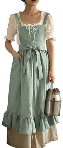 Apron for Women Girls Cute Cotton Linen Kitchen Cooking Apron Dress with Pockets Vintage Ruffle Apron Pinafore Dress Baking Gardening Work Art Painting Florist Shop Overalls Green -ruffle One Size